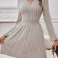 Smocked Round Neck Long Sleeve Knee Length Dress