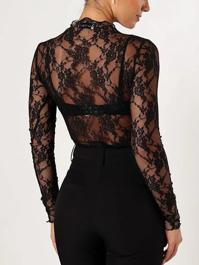 Back view of Floral Mock Neck Long Sleeve Mesh Top made of sheer lace, showcasing intricate patterns and fitted silhouette.