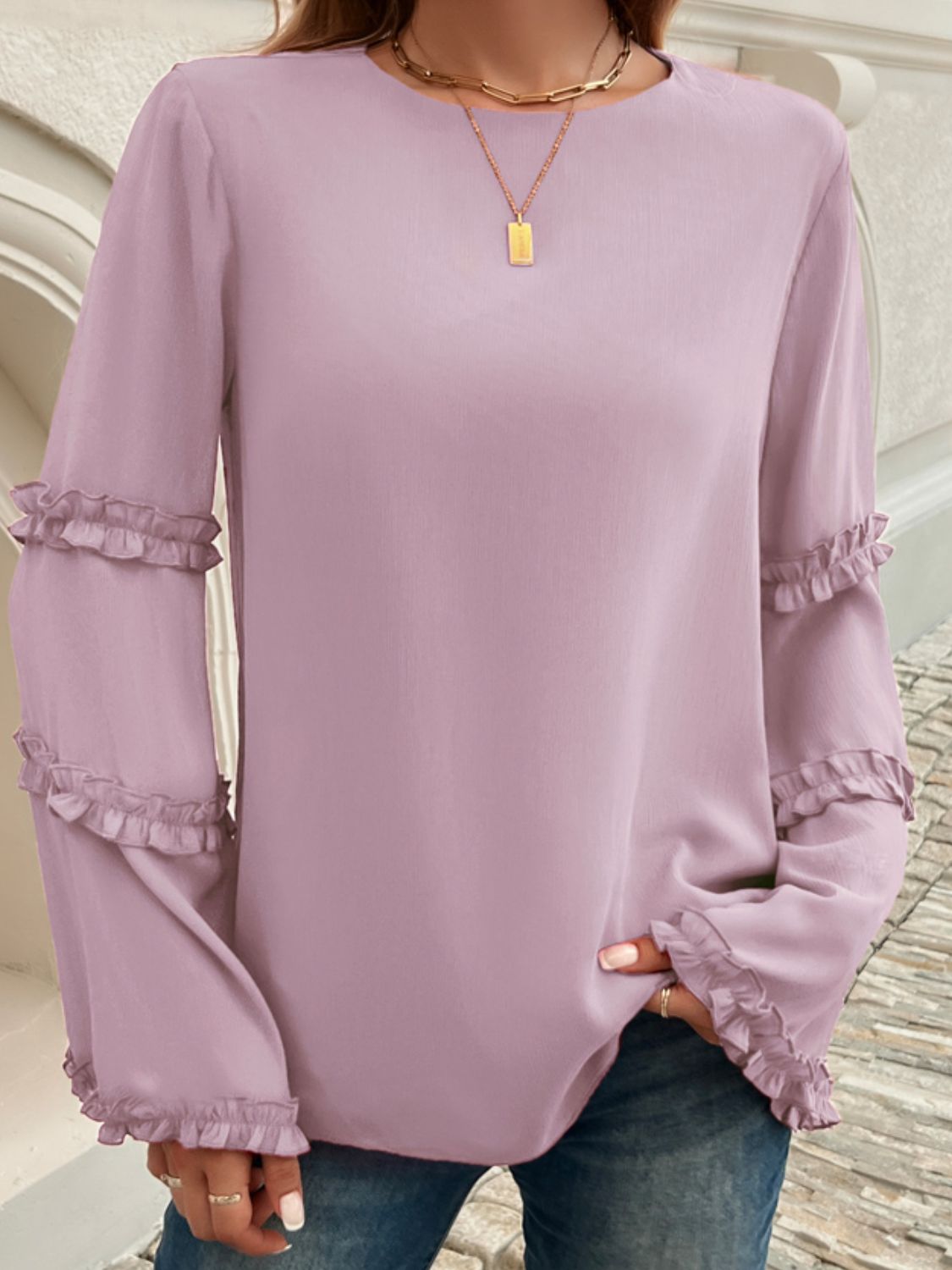 Devine Frill Round Neck Long Sleeve Top