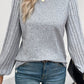 Gray Solid Color Contrast Ribbed Bishop Sleeve Top