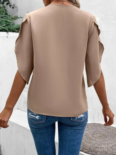 Lace Detail V-Neck Half Sleeve Blouse in beige with sheer lace sleeves and relaxed fit, perfect for casual styling.