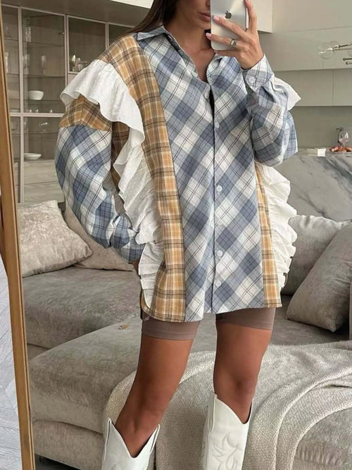 Ruffled Plaid Long Sleeve Shirt