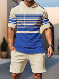Men's striped short-sleeve hoodie and shorts set