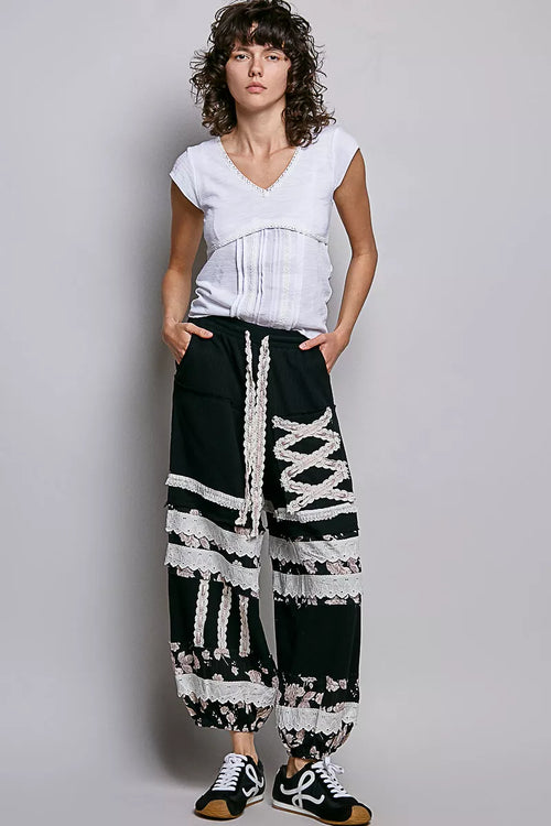 POL V-Neck Lightweight Textured Short Sleeve Knit Top with Lace Trim