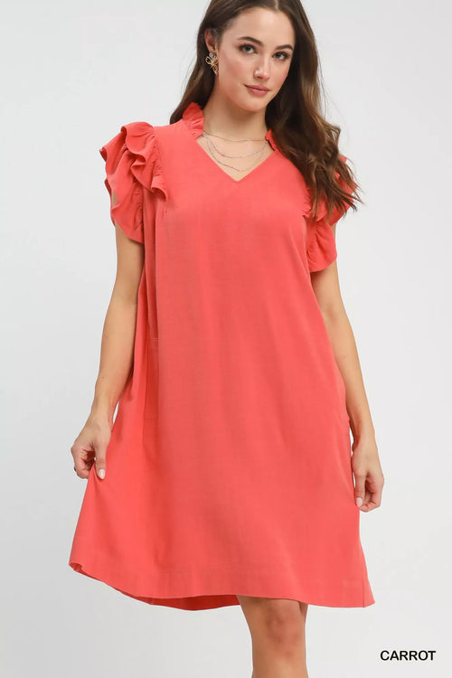 Umgee Linen Flutter Sleeve Shift Dress with Pockets