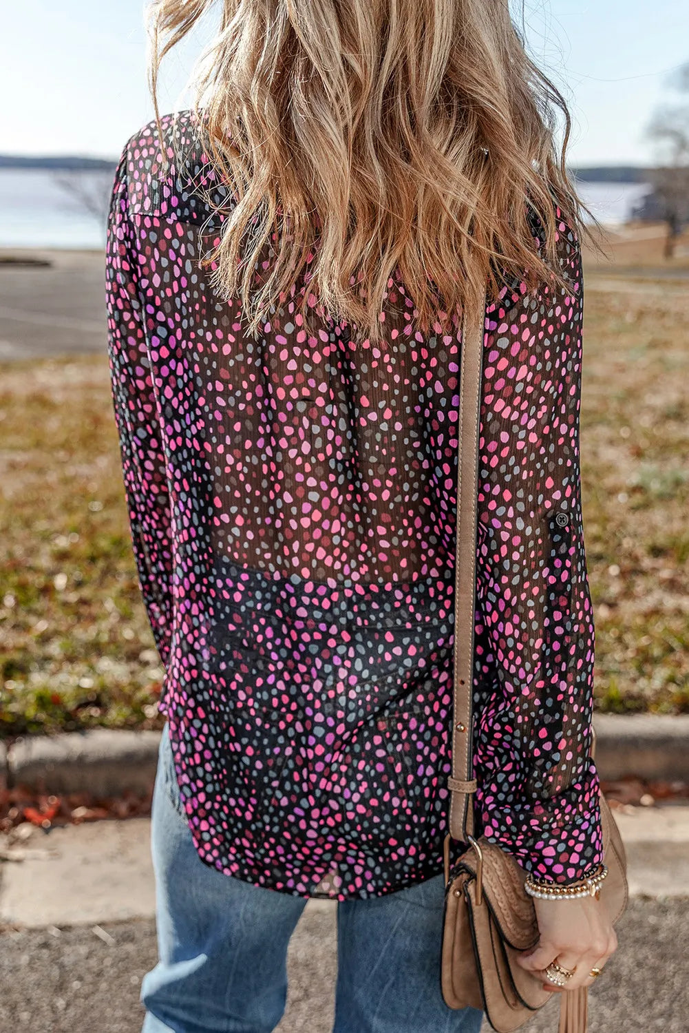 Printed Notched Long Sleeve Blouse