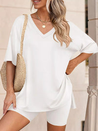 The Willa V-Neck Short Set – side slit detail on relaxed tee