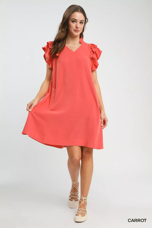 Umgee Linen Flutter Sleeve Shift Dress with Pockets