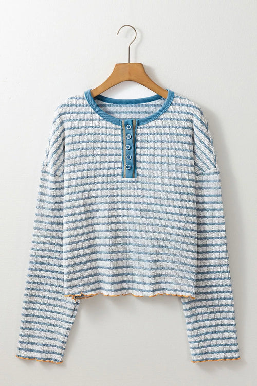 Striped Textured Knit Button Detail Top