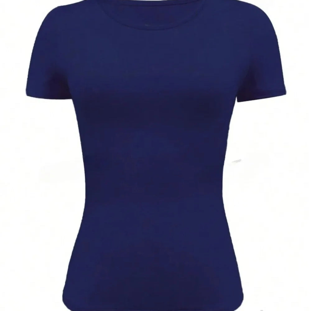 Round Neck Short Sleeve T-Shirt in navy blue, featuring a basic style and moderate stretch.