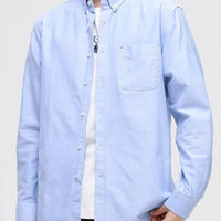 Men's Full Size Button Up Long Sleeve Shirt Plus Size in light blue with pocket, buttoned front, and classic collar.