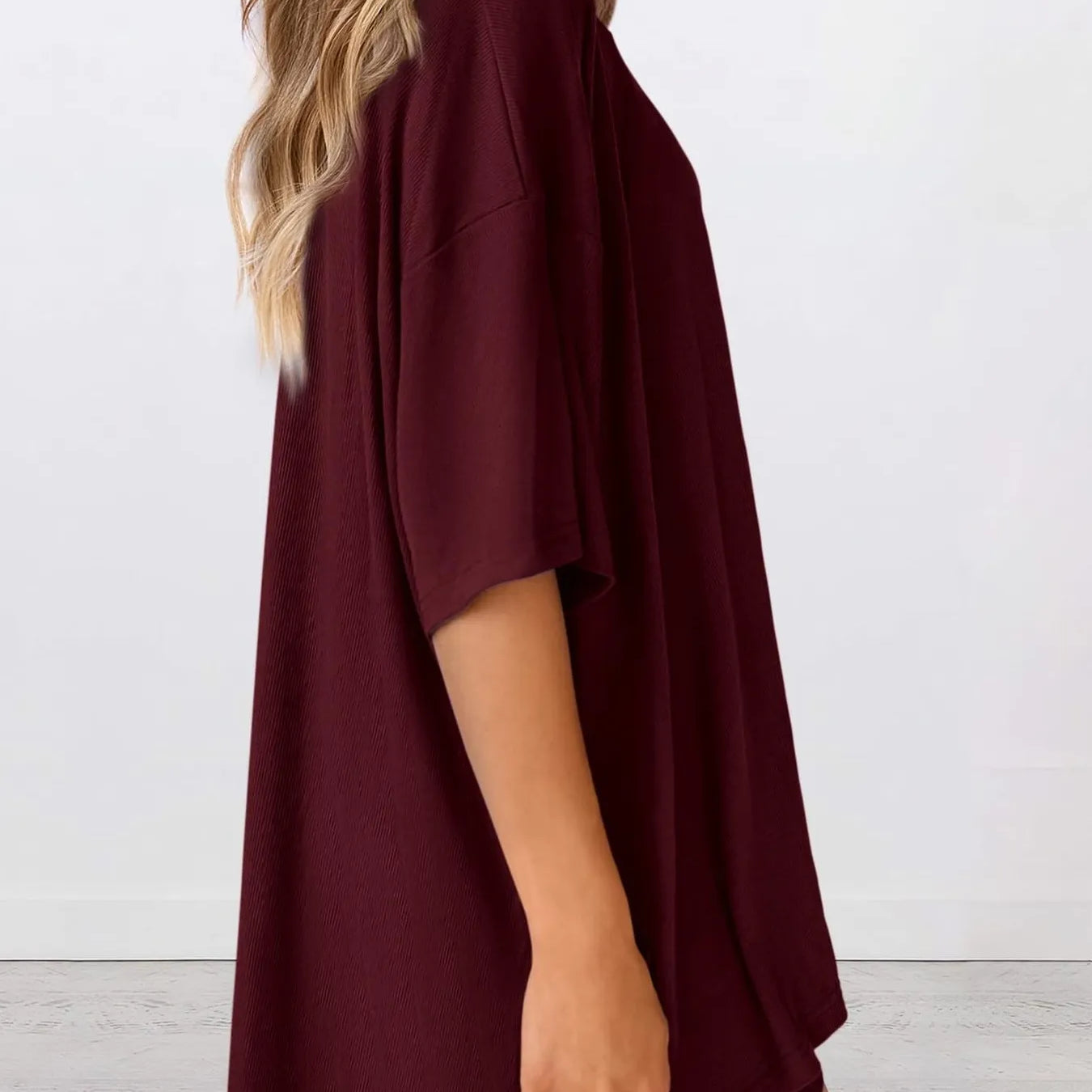 Full Size Oversized Slit Round Neck Top and Shorts Lounge Set Plus Size in burgundy side view.