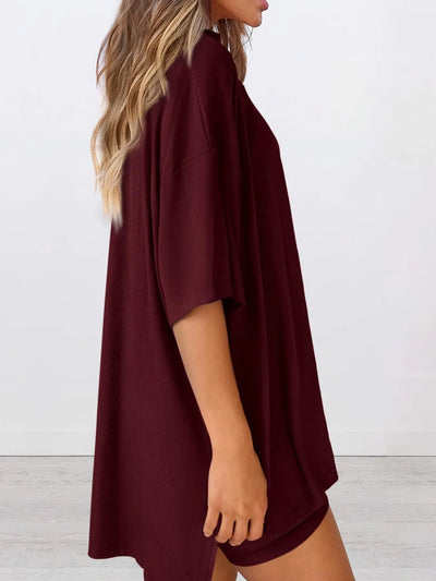 Full Size Oversized Slit Round Neck Top and Shorts Lounge Set Plus Size in burgundy side view.