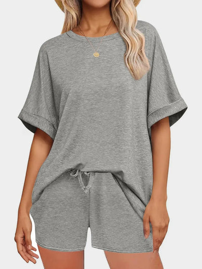Round Neck T-Shirt and Drawstring Shorts Set in grey featuring a relaxed fit and comfortable styling.