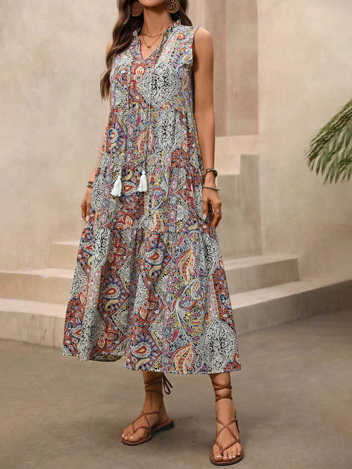 Paisley Print Tie Neck Sleeveless Midi Dress