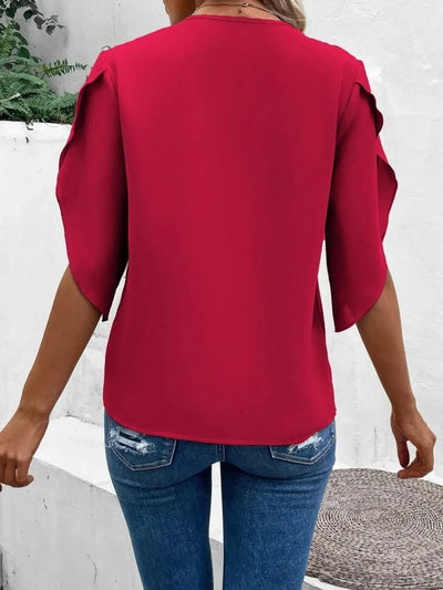Back view of a Lace Detail V-Neck Half Sleeve Blouse in red, showcasing stylish sleeve details and casual fit.