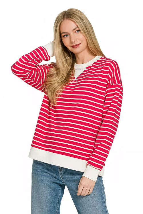 Zenana Contrast Striped Round Neck Sweatshirt