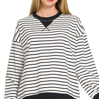 Zenana Contrast Striped Round Neck Sweatshirt