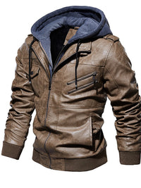 Men's Plus Size Zip Up Drawstring Hooded Jacket in brown with zipper pockets and a hood.