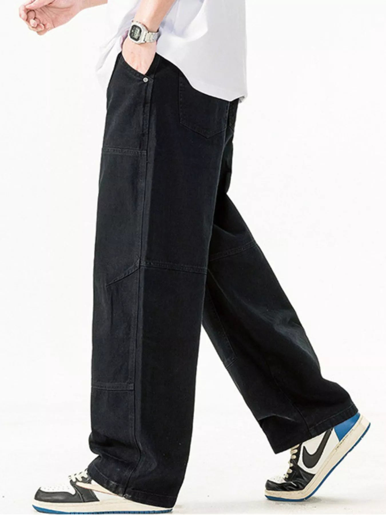 Men's Plus Size Loose Fit Casual Pants shown in black with pockets and relaxed style, perfect for casual outings.