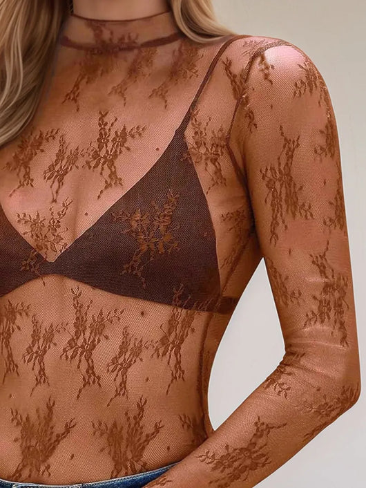Floral Mock Neck Long Sleeve Mesh Top in sheer lace with brown detailing and a fitted design.
