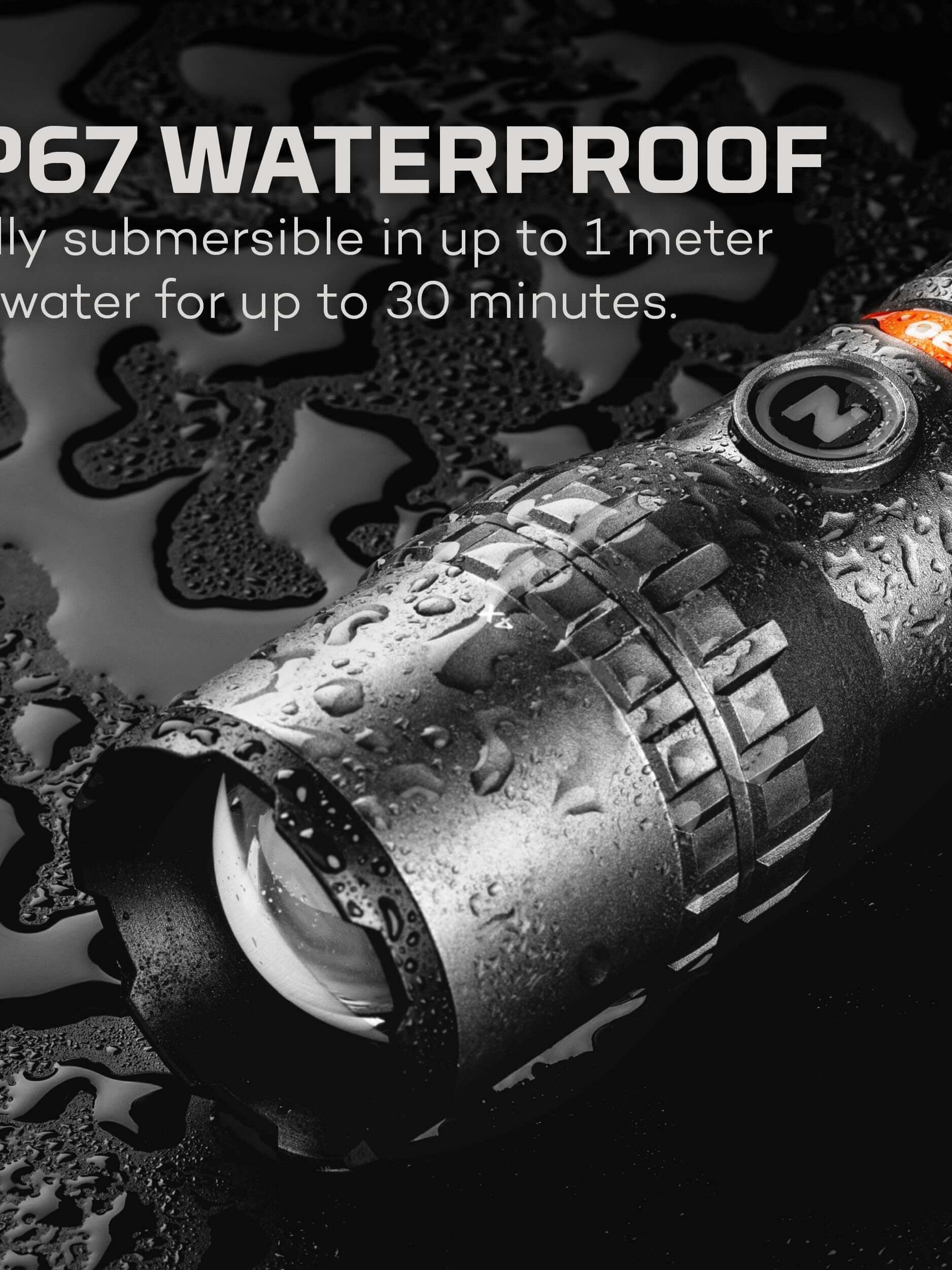 NEBO Slyde King flashlight showcasing IP67 waterproof rating, fully submersible in 1 meter of water for 30 minutes.