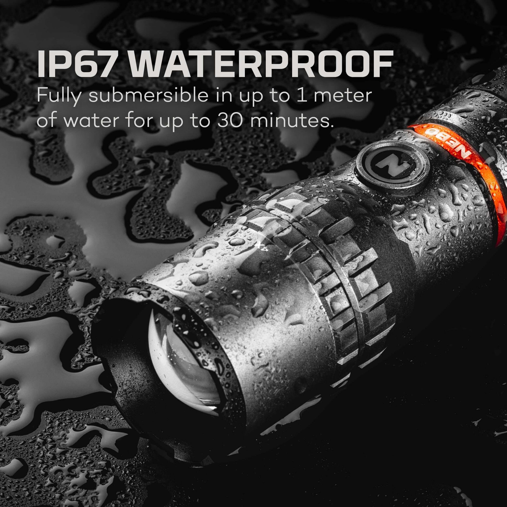 NEBO Slyde King flashlight showcasing IP67 waterproof rating, fully submersible in 1 meter of water for 30 minutes.