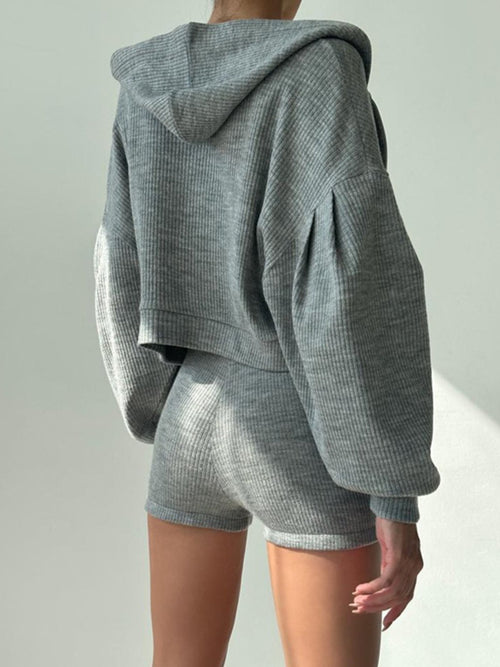 Ribbed Knit Top and Shots Set with Hoodie