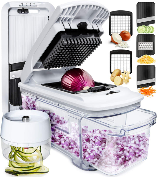 Fullstar All-in-1 Vegetable Chopper, Mandoline Slicer & Cheese Grater - Multi Blade French Fry Cutter & Veggie Dicer - Includes Bonus Handheld Spiralizer & Kitchen Gadgets (6 in 1,Black/White)