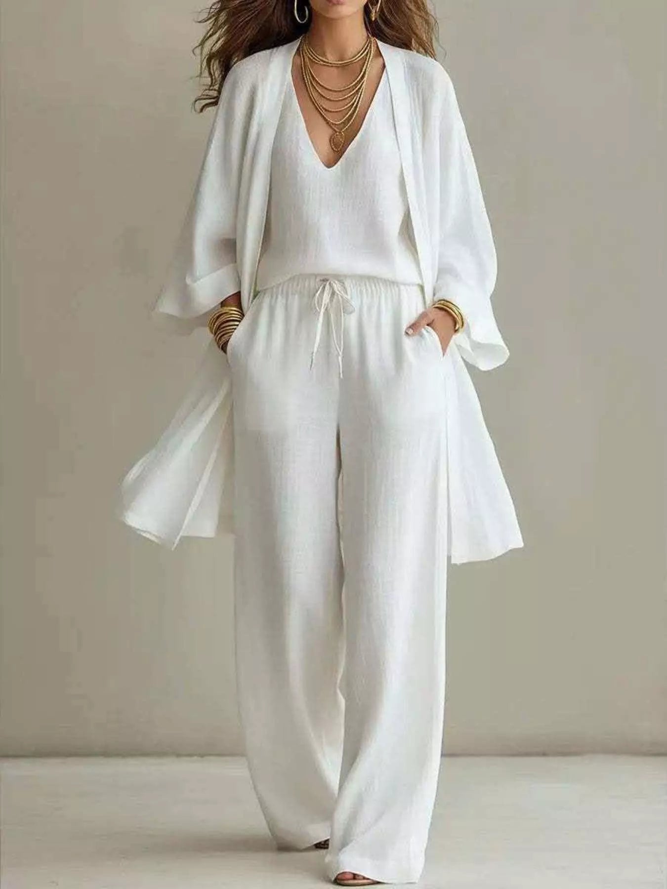 The Marlowe Three-Piece Set – V-neck tank, longline cardigan and drawstring pants