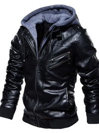 Men's Plus Size Zip Up Drawstring Hooded Jacket in black leather with gray interior and multiple pockets.