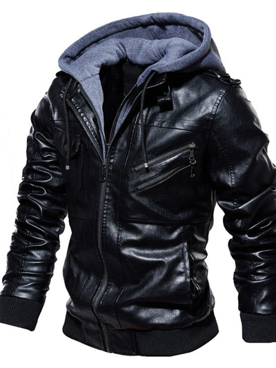Men's Plus Size Zip Up Drawstring Hooded Jacket in black leather with gray interior and multiple pockets.