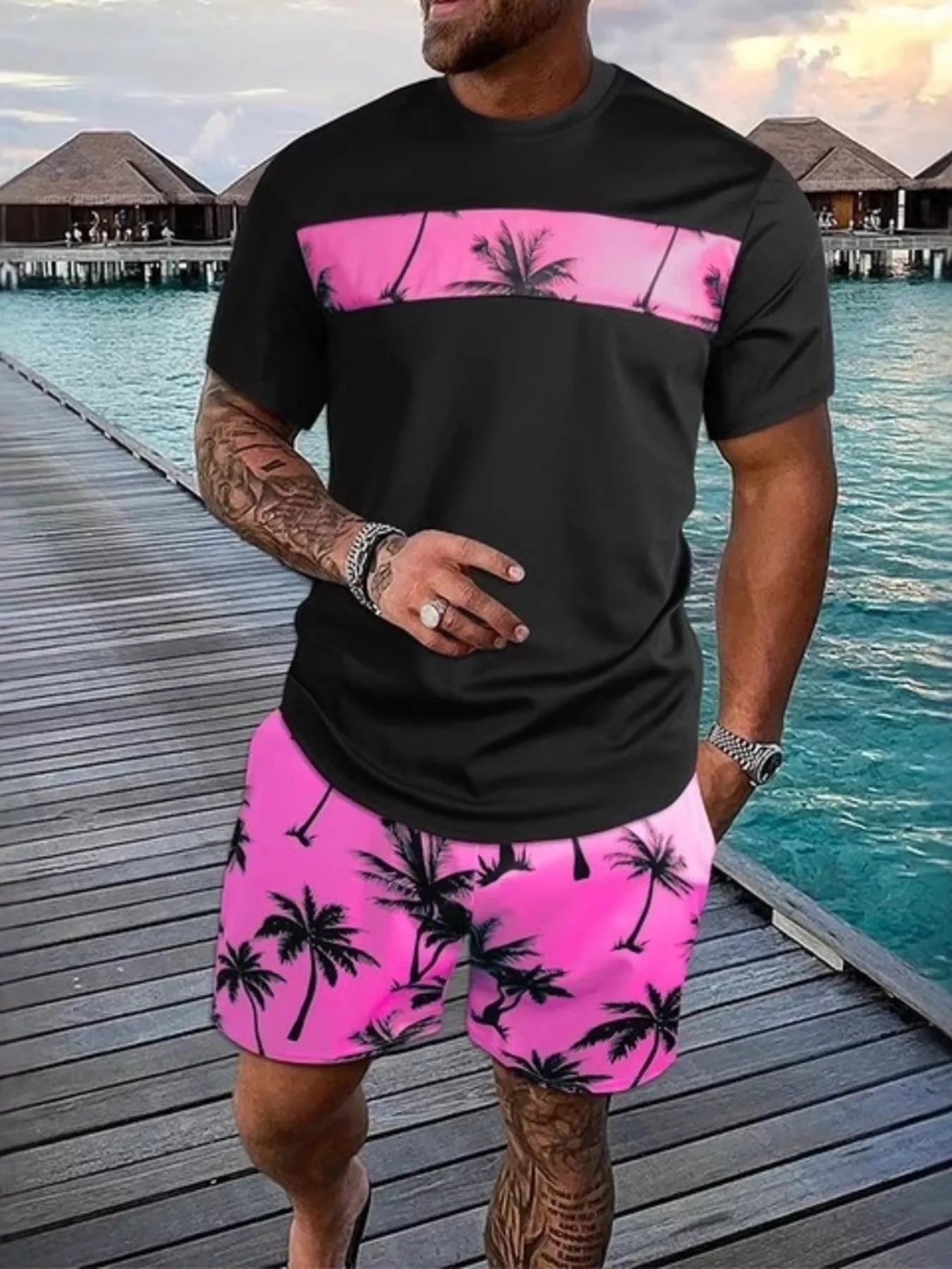 The Waikiki Palm Tee Set – men's tropical palm tree print tee and shorts set