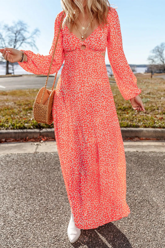 Printed V-Neck Long Sleeve Midi Dress