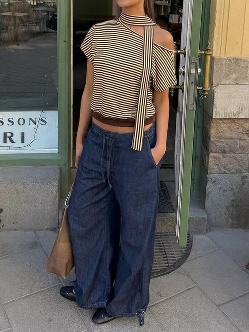 Striped Single Shoulder T-Shirt