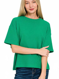 Zenana Full Size Double Knit Side Slits Hi Low Short Sleeve Top Plus Size in vibrant green color, stylish and modern.