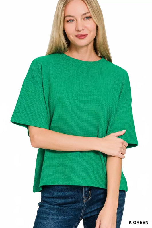Zenana Full Size Double Knit Side Slits Hi Low Short Sleeve Top Plus Size in vibrant green color, stylish and modern.