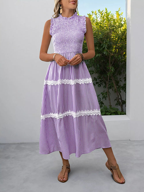 Smocked Striped Lace Trim Sleeveless Midi Dress