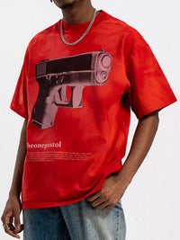 Men's Graphic Round Neck Oversized T-Shirt featuring bold graphic design on a red background.