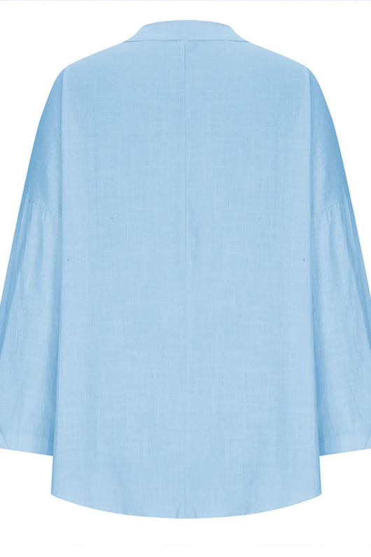 Back view of Solid Color Notched Long Sleeve Blouse in light blue, made from 100% polyester, featuring a basic style.