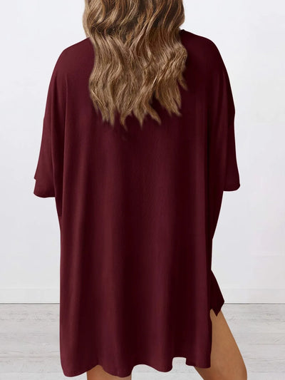 Full Size Oversized Slit Round Neck Top and Shorts Lounge Set Plus Size in burgundy color from the back.
