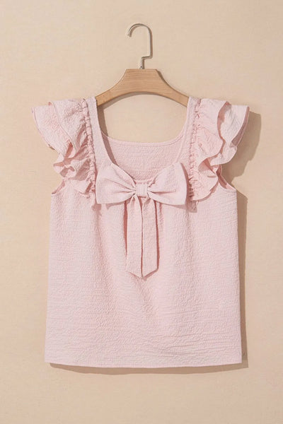 Textured Bow Knot Frilled Butterfly Sleeve Blouse on a wooden hanger against a beige background.