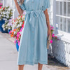 Full Buttons Collared Short Bubble Sleeve Long Denim Dress