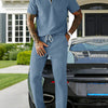 Men's Full Size Casual Zipper Polo Shirt and Drawstring Pants Set Plus Size