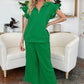 Double Take Texture Ruffle Short Sleeve Top and Drawstring Wide Leg Pants Set