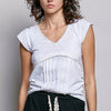 POL V-Neck Lightweight Textured Short Sleeve Knit Top with Lace Trim