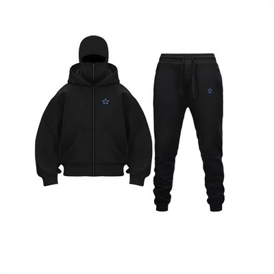 Unique Design Double Hooded Zip-Up Sweatshirt Set for Men and Women in black color with matching sweatpants.