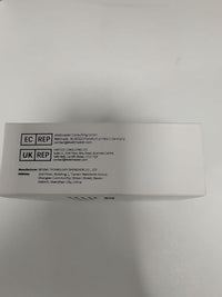 Label showing consulting center information with addresses in Germany and the UK, and contact details for a technology company.