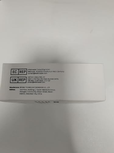 Label showing consulting center information with addresses in Germany and the UK, and contact details for a technology company.