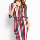 Stripes Print, Midi Tee Dress With 3/4 Sleeves, Collared V Neckline, Decorative Button, Matching Belt And A Side Slit